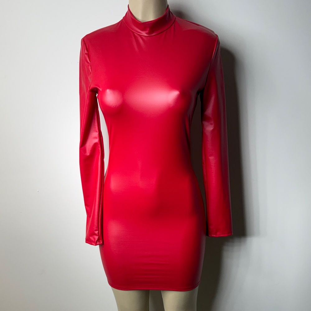 Sleek Red Long-Sleeve Mock-Neck Mini Dress Faux Leather